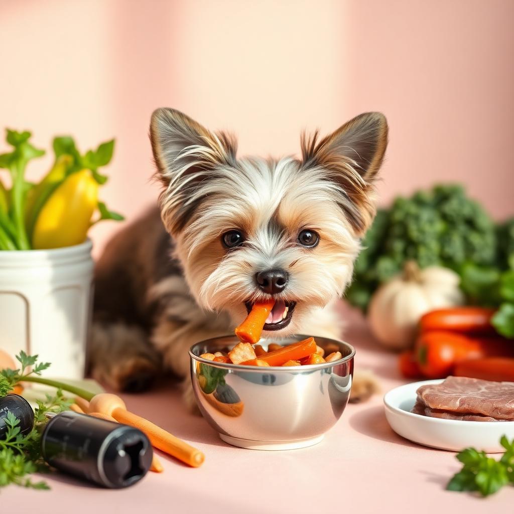Perro comiendo alimentos naturales